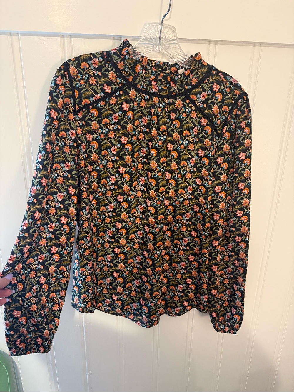 LOFT Black Floral Mock Neck Long-Sleeve Blouse